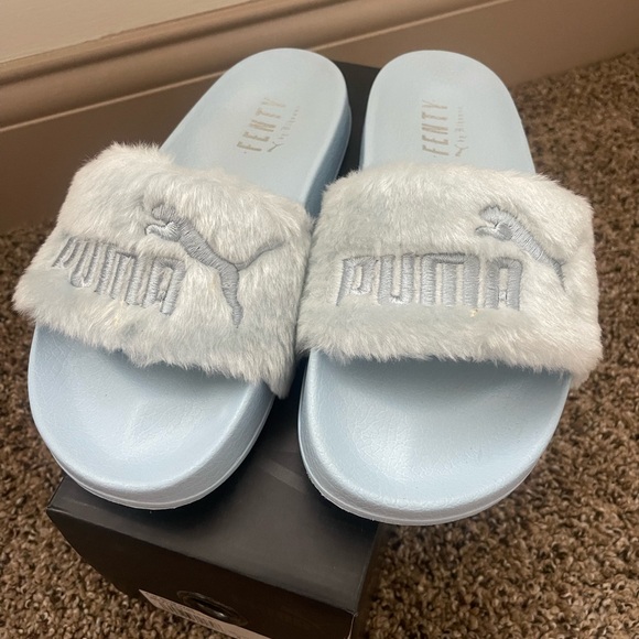 Puma Shoes - Puma Rihanna Fenty Faux Fur Slides in Cool Blue
